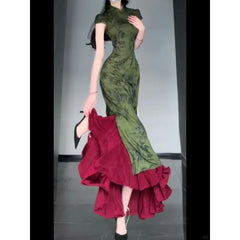 Cyflymder Chinese Style Green Bamboo Leaf Printed Cheongsam Dresses Red Fishtail Skirt 2 Piece Suit Women's Classical Dance Costumes XL