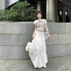 Cyflymder Y2k Clothes Women Skirts Vintage High Waist Elastic Patchwork White White Chic Long Cake A-line Skirt Streetwear