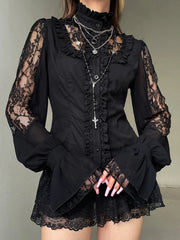 Cyflymder Elegant Floral Embroidered Blouse Stylish V-Neck Long Sleeve Button Down Shirt Casual Fit Lace Patchwork Top for Women