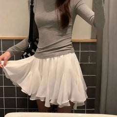Cyflymder Korean Pleated Fashion Irregular Mini Skirts Women's Clothing High Waist Summer Ruffles A-Line Elastic Basic Solid Color Skirts