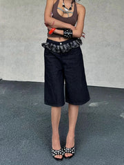 Cyflymder Summer Women's Grid Pattern Splicing Knee Length Shorts Young Girl High Waist Solid Color Bottom Female Capris Straight Trousers