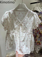 Cyflymder Cherry Print Puff Sleeve Blouse Women Summer V Neck Bow Tie Spliced Lace Shirts Japanese Sweet All Match Y2k Tops