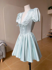 Cyflymder Summer Sweet Princess Bubble Sleeve Dress Women's Waist Tie Flared Mini Skirt