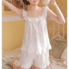 Cyflymder Floral Girl Retro Square Collar Suspender Pajamas Ruffle Edge Cotton Silk Loose Loungewear Suit Women's Bow Sweet
