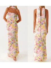 Cyflymder Elegant Floral Print Strapless Maxi Dress with Ruffle Detail and Matching Headscarf for Women