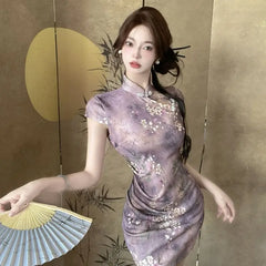 Cyflymder Summer New Chinese Style Improved Cheongsam Women Dress Retro Purple Print Slim Fit Wrap Hip Sexy Mini Dress for Women