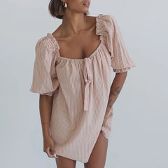 Cyflymder Women's Summer Y2K Vintage Puff Sleeve Bow Knot Tied Square Neck Plaid/Stripe/Floral Print Beach Loose Short Dress