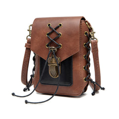Cyflymder Female Steampunk Shoulder Bags, Retro Mini Square Braided Rope Crossbody Bag, Brown Leather Metal Lock Daily Casual Handbags