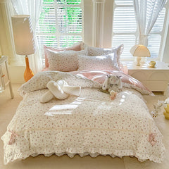 Cyflymder 100% Cotton Vintage Countryside Rose Floral Lace Ruffles Duvet Cover Set Bed Sheet Or Fitted Sheet Pillowcases Girls Bedding Set