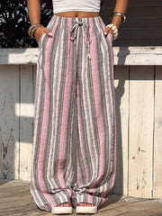 Cyflymder Women Striped Drawstring Pants Wide Leg Full Length Beach Casual Colorful Linen Trousers Summer Fashion Lady Daily Wear
