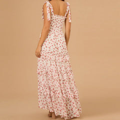 Cyflymder Floral Tie Shoulder Maxi Dress for Women Y2k Spaghetti Strap Ruffles Flowy Long Dress Ladies Summer Boho Beach A-line Sundress