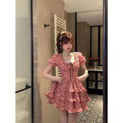 Cyflymder Kawaii Floral Mini Dress Women Fashion Party Ruffles Print Dresses Summer Korean Cute Puff Short Sleeve Bodycon A Line Vestidos
