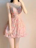 Cyflymder Sweet New Pink Sexy Dress Sweet Fresh Style Fragmented Flowers Print Waist Wrapped Slim Student Summer Short Lovely