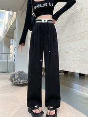 Cyflymder Chic New Sports Pants Women High Waist Black Gray American Trousers OL Casual Loose Straight Wide Leg Pants Female