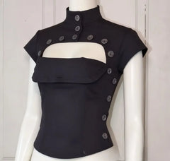 Cyflymder Euramerican Vintage Stand Collar Temperament Blouse Y2k Aesthetic Spliced Buttons Design Slim Fit Women Clothes French Punk Tops