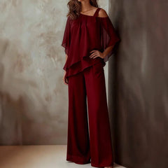 Cyflymder Batwing Sleeve Chiffon Two Piece Set One Sleeve Asymmetric Hem Half Sleeve Blouse and Wide Leg Loose Pant Matching Set Summer