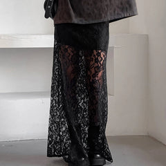 Cyflymder Women's Summer Lace Long Skirts Elegant Low Waist Solid Color See-Through Midi Skirts Slim Fit Skirts