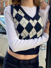 Cyflymder Argyle V-neck Knitted Vests Women Autumn Cotton Soft Casual Sleeveless Pullover Tank Tops Vintage Streetwear Chic Slim Sweaters