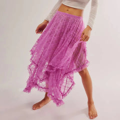 Cyflymder Women's Solid Color Midi Skirts Lace Elastic High Waist Skirts Spring Summer Sweet Irregular Hem Casual Skirts