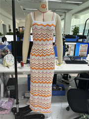 Cyflymder Fashion Women Knitted Slip Dress Summer Wave Stripe Print Backless Party Dress for Vacation Cocktail Beach Streetwear