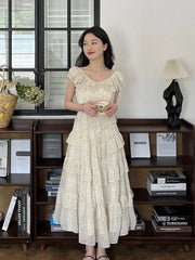 Cyflymder Vintage Layer Ruffles Dot Printed Maxi Dress Runway 2023 Summer Women Cake Party Dress Korean Street Holiday Beach Vestidos