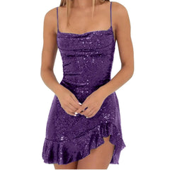 Cyflymder Sexy Slim Fitting Fashion Solid Color Sequin Back Cross Tie Ruffle Edge Sleeveless Suspender Irregular Hem Pleated Party Dress