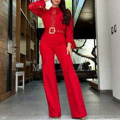 Cyflymder Women Casual O-neck Long Sleeve Party Romper Elegant Lace-Up Belt Waist Solid Playsuits Fashion Patchwork Hollow Long Jumpsuit