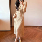 Cyflymder French Style V-Neck Fashionable Drawstring Dresses Spring Summer Elegant Bow Women's Clothing Lace Aura Slim Bag Hip Long Dress