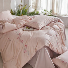 Cyflymder Long-staple Cotton Floral Blossom Embroidery Comfortable Ultra Soft (1Duvet Cover+1Flat Bedsheet/Fitted Bedsheet+ 2Pillowcases)