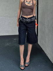 Cyflymder Summer Women's Grid Pattern Splicing Knee Length Shorts Young Girl High Waist Solid Color Bottom Female Capris Straight Trousers