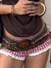 Cyflymder Sweet Plaid Lace Trim Low-Waisted Shorts Slim Patchwork Low-Waisted Shirts Women Summer Fashion Streetwear Ladies