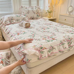 Cyflymder 100% Cotton Korean Princess Style Flowers Print Ruffles Bedding Set Single Duvet cover Quilted Fitted Sheet Pillowcases 3/4Pcs