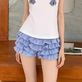 Cyflymder Designer Ruffles Blue Plaid Shorts Women Summer Designer Low Rise Bloomers Micro Cute Shorts Fashion Y2K Bottoms
