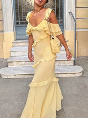 Cyflymder Sexy Chic Women Dress Yellow Solid Cami Long Tierred Straight Chiffon Dress Fashion Autumn Evening Club Party Dress