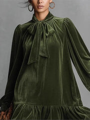 Cyflymder 2026 Spring Autumn Long Sleeve Elegant Velvet Bow Mini Dress Women's Clothing Casual Party Work Evening Office Lady Dresses