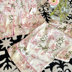 Cyflymder 3/4 Sleeve Pajamas Set Satin Homewear Women's Print Flower Sleep Set Loose Outfit Pyjamas Top&pants Lady Loungewear Nightwear