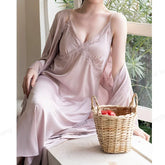 Cyflymder 2Pcs Kimono Long Bathrobe Suit Pink Sweet Lace Trim Homewear Satin Sexy Sling Nightgown Lady Lingerie Women Elegant Nightwear