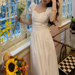 Cyflymder Fashionable Lace Spliced Midi Dress Summer Vintage Puff Sleeve Female Clothing French Style Square Collar White Waist Dresses