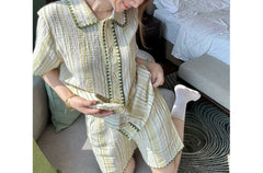 Cyflymder High-end Striped Pajamas Women's Summer Short-sleeved Cardigan Set Loungewear Sweet and Can Be Worn Outside