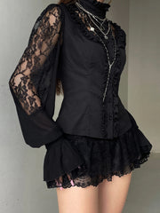 Cyflymder Elegant Floral Embroidered Blouse Stylish V-Neck Long Sleeve Button Down Shirt Casual Fit Lace Patchwork Top for Women