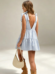 Cyflymder Gingham Floral Print Mini Dress Women Deep V Neck Open Back Tie Bow Straps A-Line Skirt Lady's Vacation Layer Ruffle Hem Frock
