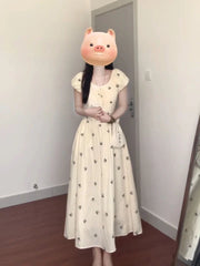 Cyflymder French Retro Bow Printed Puff Sleeve Dress for Women New Style Waist-hugging and Slimming Vacation Long Skirt
