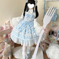 Cyflymder Japanese Lolita Jsk Gorgeous Bow 2 Piece Set Women Y2k Long Sleeve Shirt Kawaii Cute Lace Ruffles Vintage Elegant Princess Dress