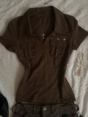 Cyflymder Coffee Colored ort Sve Ne T-irt Women's Summer Slim Fit Retro American Sle Waist Cinched Top Byao Girl