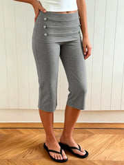 Cyflymder Buttoned Cuffed Straight Cropped Pants Solid Color Low Waist Slim Women Fashion Bottoms Casual Streetwear Summer Outfit