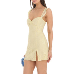 Cyflymder Women's Elegant Lace Floral Mini Dress Sleeveless Ruffles Suspender Sweetheart Neck Tie Back Bodycon Dress for Summer