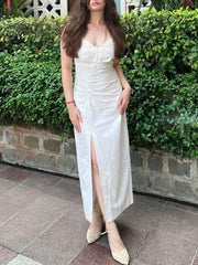 Cyflymder Elegant Women White Cami Dress Slit Ruched Midi Dress New Fashion Summer Casual Chic Holiday Date Sheath Dress