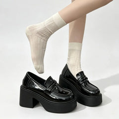Cyflymder Gothic Black Platform Loafers Women Round Toe Slip‑On 8CM High Chunky Block Heel Thick Lug Sole JK Fashion Preppy Y2K Shoes