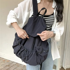 Cyflymder Nylon Drawstring Pleated Backpack Women Trendy Vintage Casual Schoolbags Casual Travel Students Y2k Aesthetic Simple Backpacks