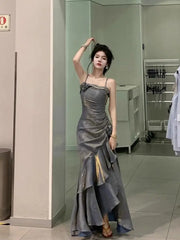 Cyflymder Korean Vintage Velvet Long Dress Women Luxury Slim Mermaid Spaghetti Strap Floral Dress Elegant Sexy Casual Evening Party Dress